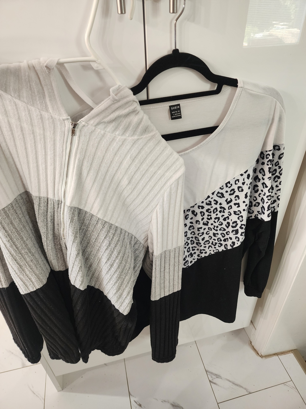 2 SHEIN Black White Gray Colorblock Leopard Print Long Sleeve Tops